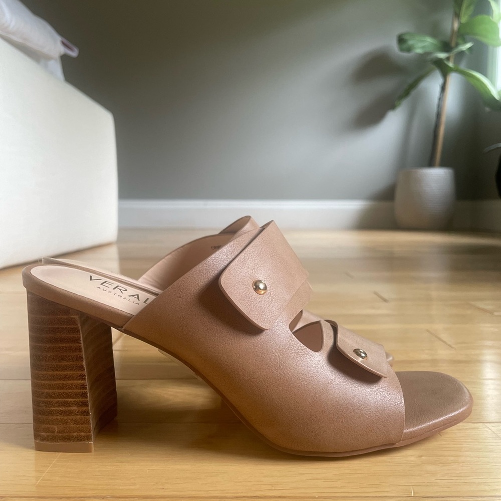 Verali Slide Block Heels, Tan, Leather
